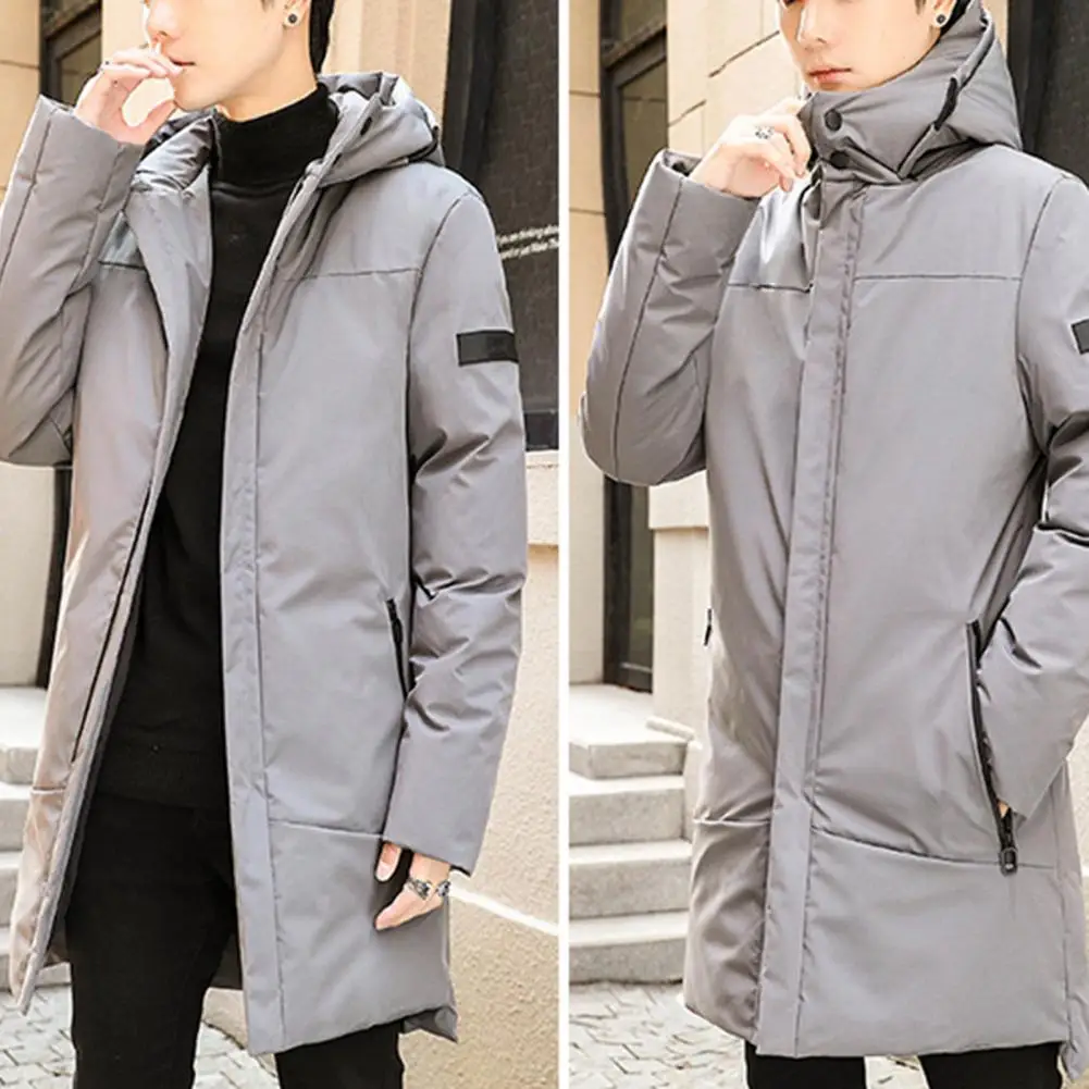 Men Winter Coat Thicken Mid Length Solid Color Padded Hooded Keep Warm Zipper Pockets Plus Size Winter Cotton Coat for Outdoor