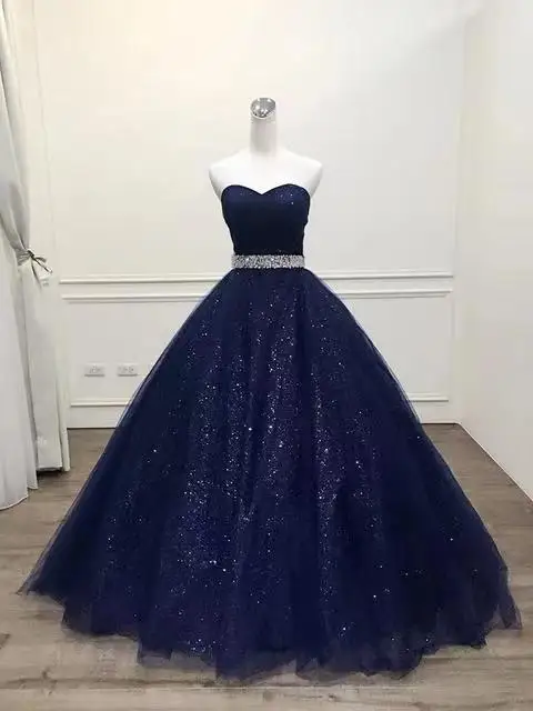 

ANGELSBRIDEP Navy Blue Quinceanera Dresses 15 Years Old Glitter Tulle Beading Sash Sweet 16 Debutante Birthday Party Gown Custom
