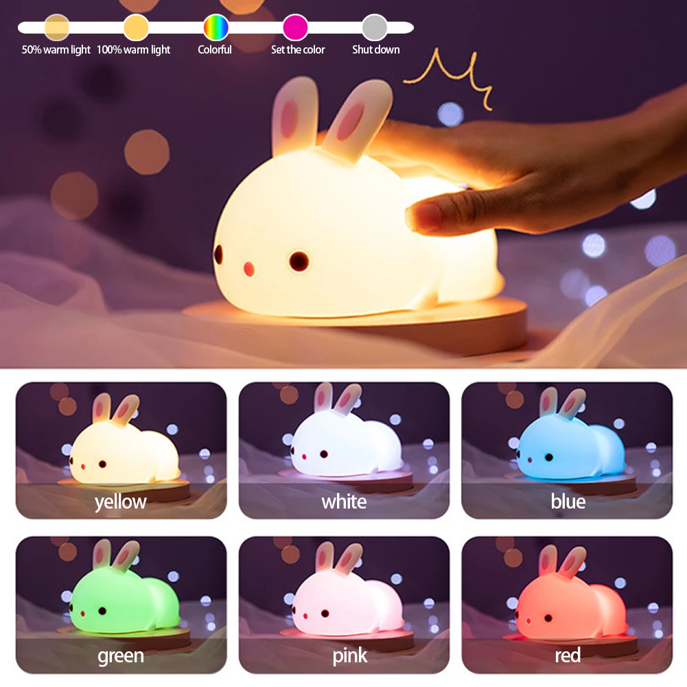 

Cute Rabbit Tap Night Light Silicone Animal Atmosphere Lamp Children Kids Holiday Gift Dimmable Sleeping NightLamp 5VUSBCharging
