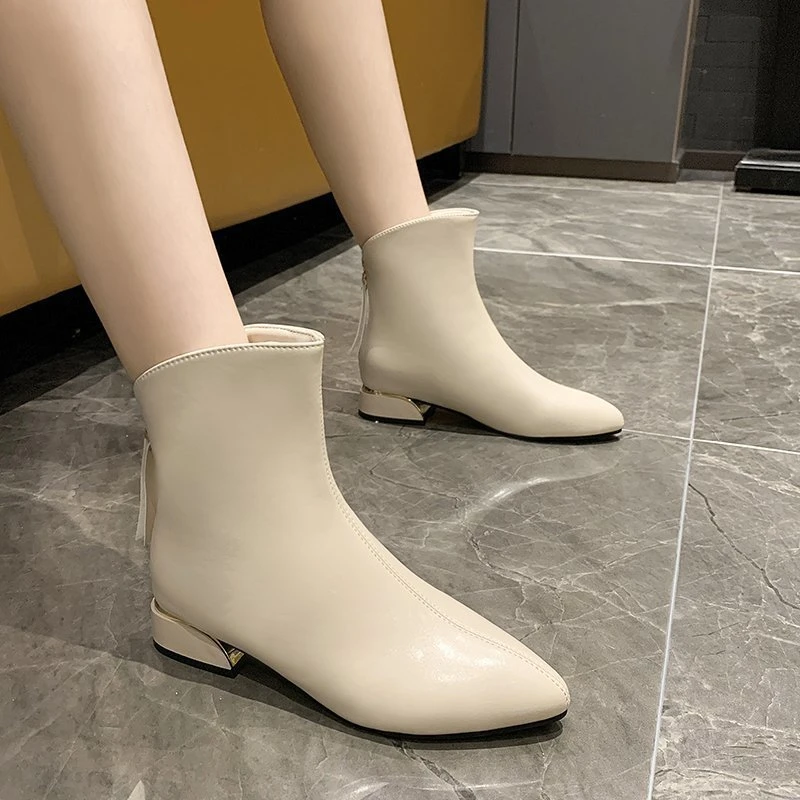 Women's pointed toe rear zipper ankle boots thick sole women's high heels square heel fleece boots 2022 autumn and winter new