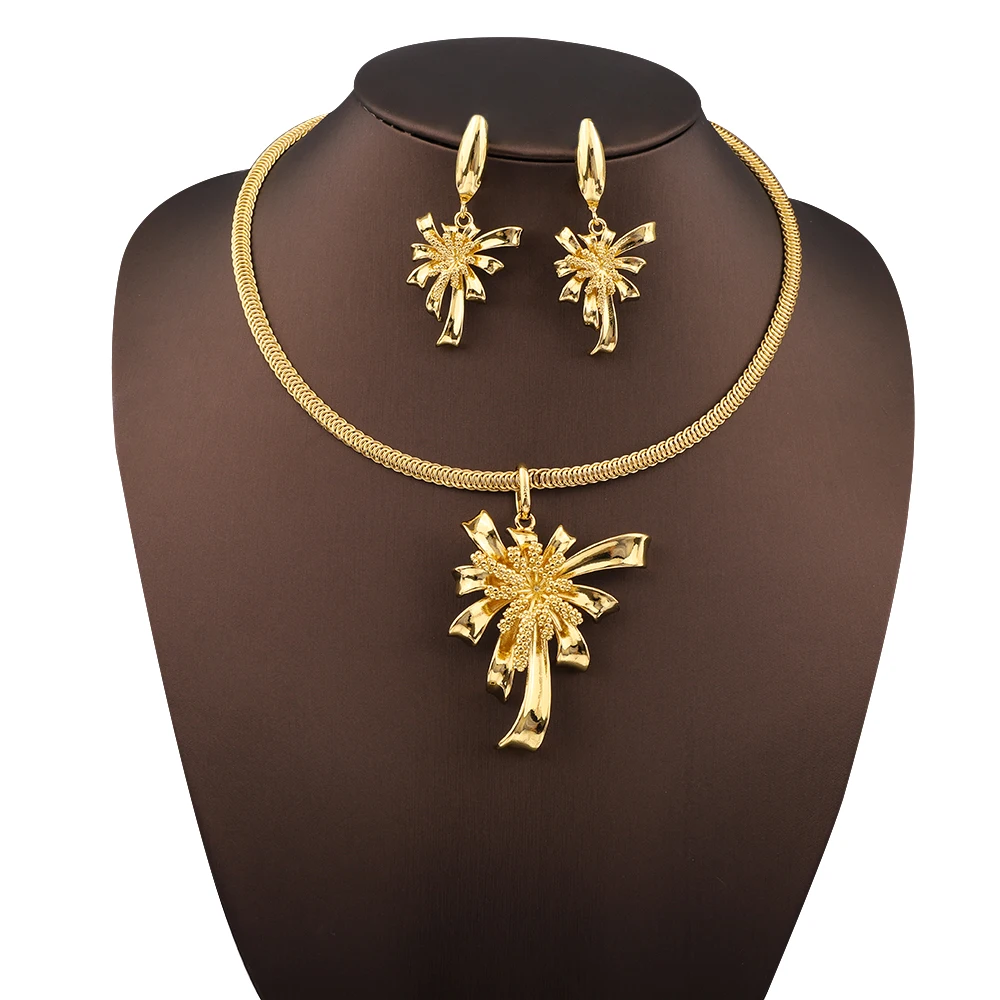 

African Wedding Gold Plated Jewelry Set Flower Beads Pendant Necklace And Earrings 2PCS Set For Dubai Wedding Party Gift