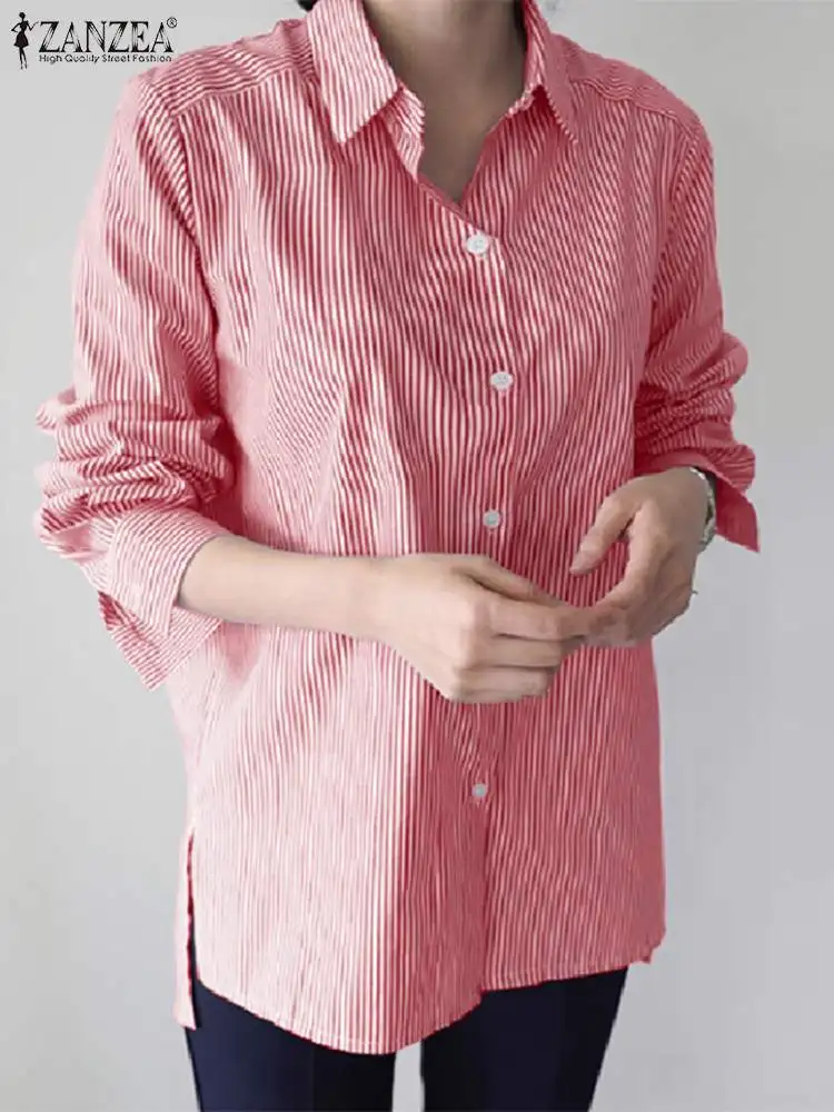 

ZANZEA Woman Fashion Lapel Neck Blouse Long Sleeve Stripe Printed Shirt Casual Split Hem Tops Autumn Elegant Button OL Blusas