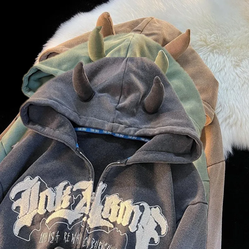 

Women Letter Embroidery Hoodies Cute Horn Long Sleeve Hooded Jacket Coat Teens Y2K Casual Zipper Oversize Sweatshirts Streetwear