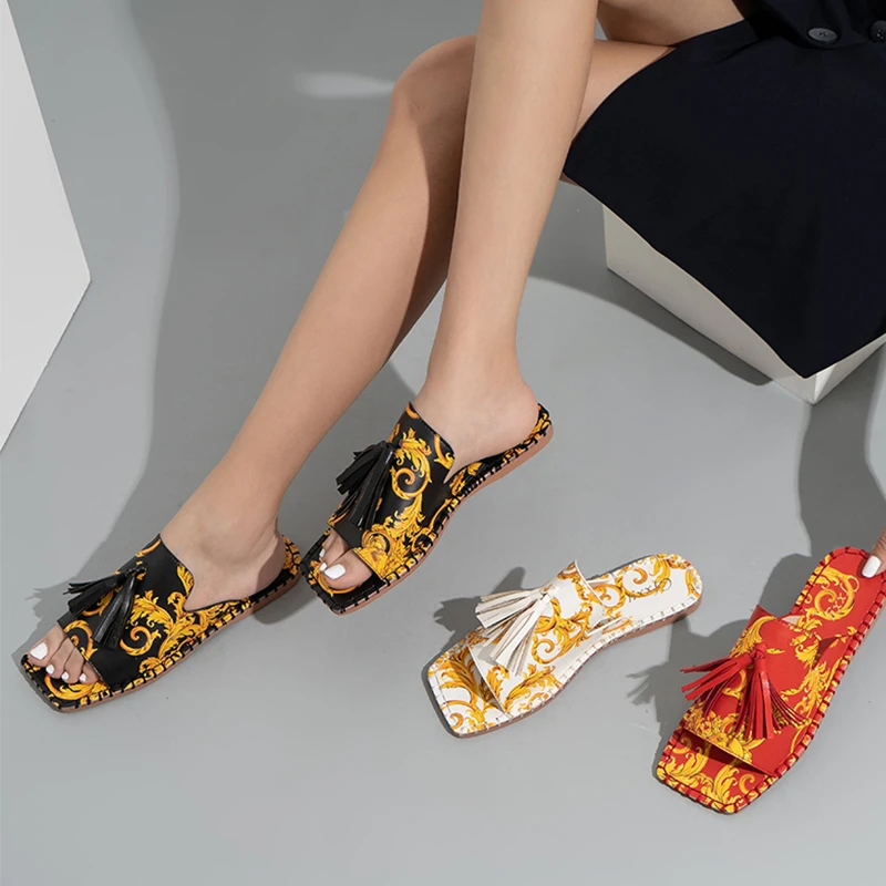 2022 Women's Sandals Retro Women Fringe Flower Flat Slipper Beach Casual Sandal Women Summer Flip Flop Outdoor Sandals Plus Size