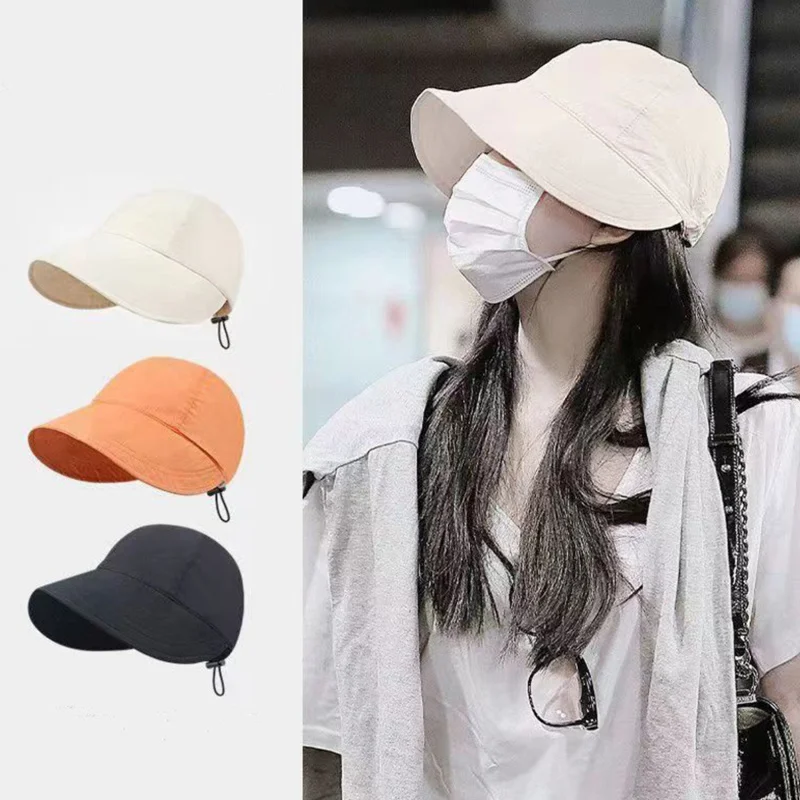 

New Summer Fisherman Cap Women Sun Hat Foldable Wide Brim Sun Protection Hats Adjustable Drawstring Caps
