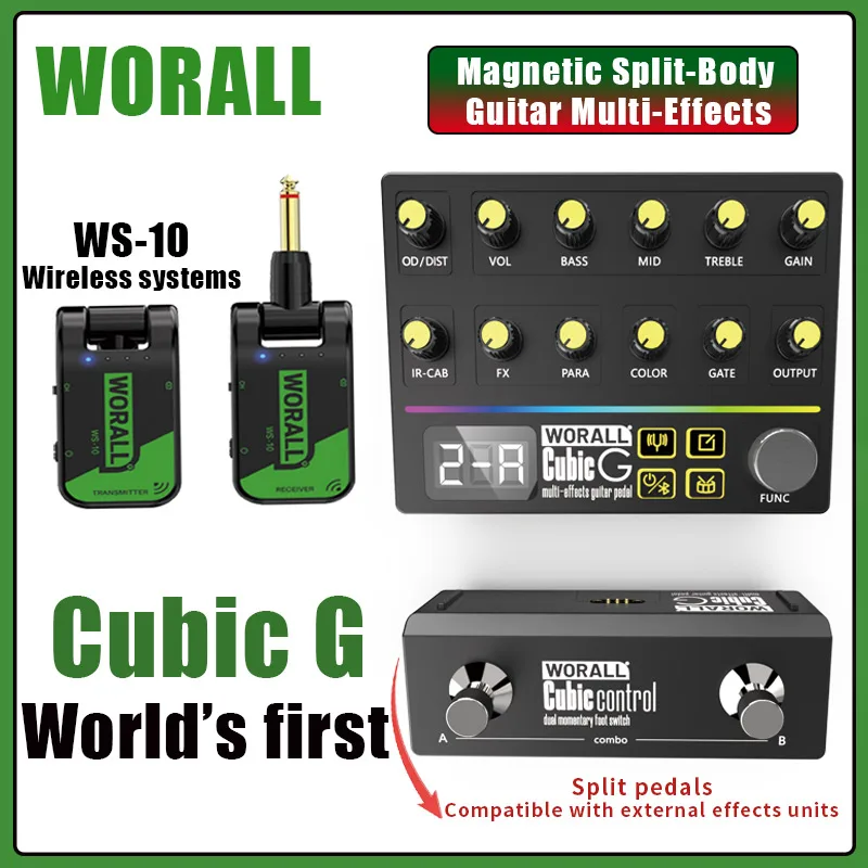 Фото Многофункциональная педаль эффектов WORALL Cubic G Mini с 97 эффектами, раздельным футсвитчем, встроенным аккумулятором и поддержкой внешних педалей для гитары №1