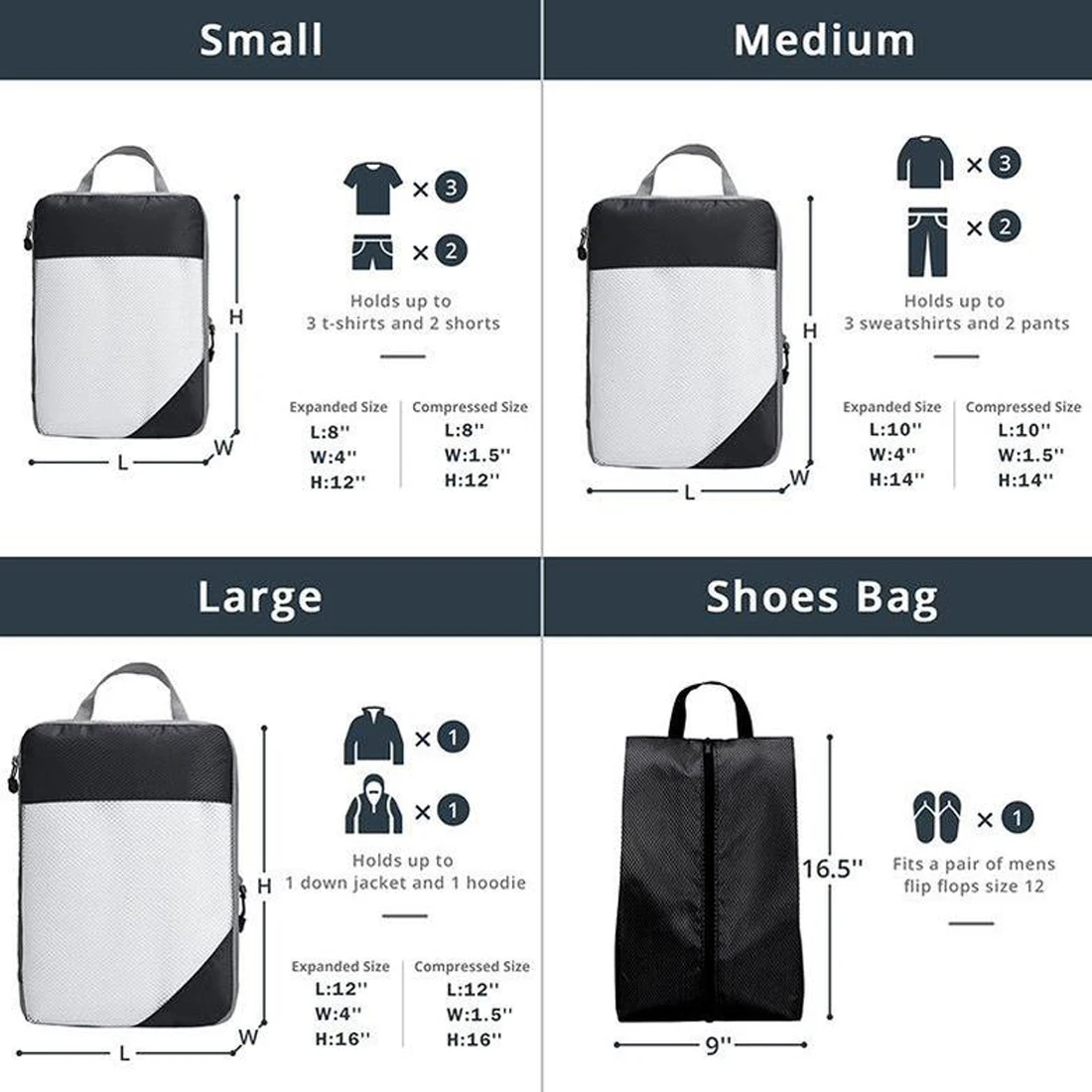 4pcs/set Travel Compression Packing Cubes Portable Luggage Organizer Storage Bags With Mesh Lightweigh Foldable Handbag Pouch