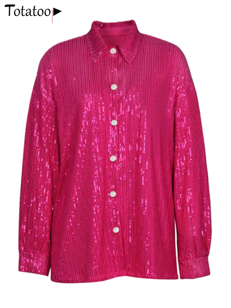 Totatoop-женская блузка на пуговицах с V-образным вырезом и пайетками рубашки длинным