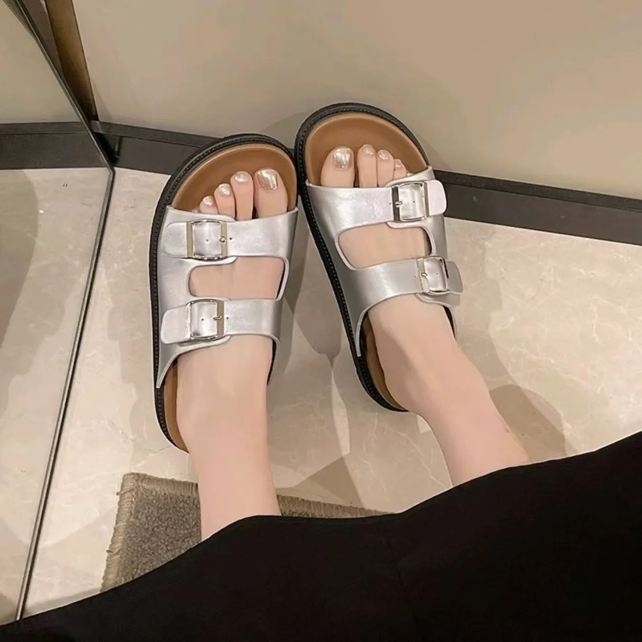 Летние тапочки Boken женские сандалии на толстой подошве ремешки с пряжкой