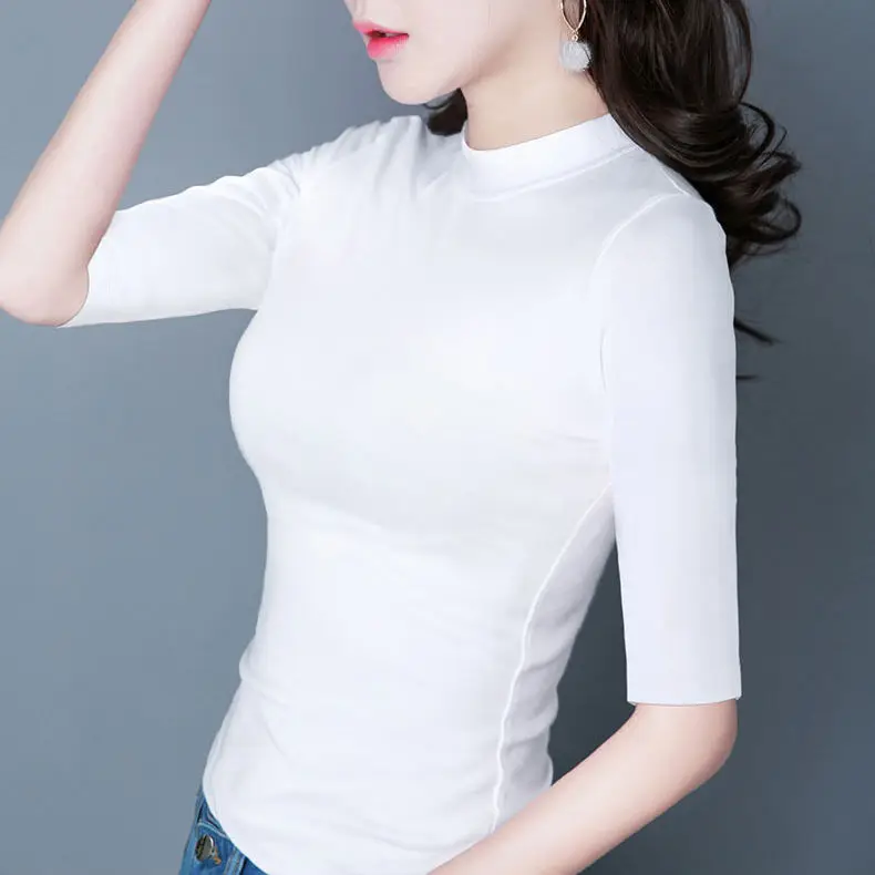

Woman Tshirts Turtleneck Mid Short Sleeve Tees Korean Fashion Tunics T Shirts White Ladies Tops Summer Clothes Mujer Camisetas