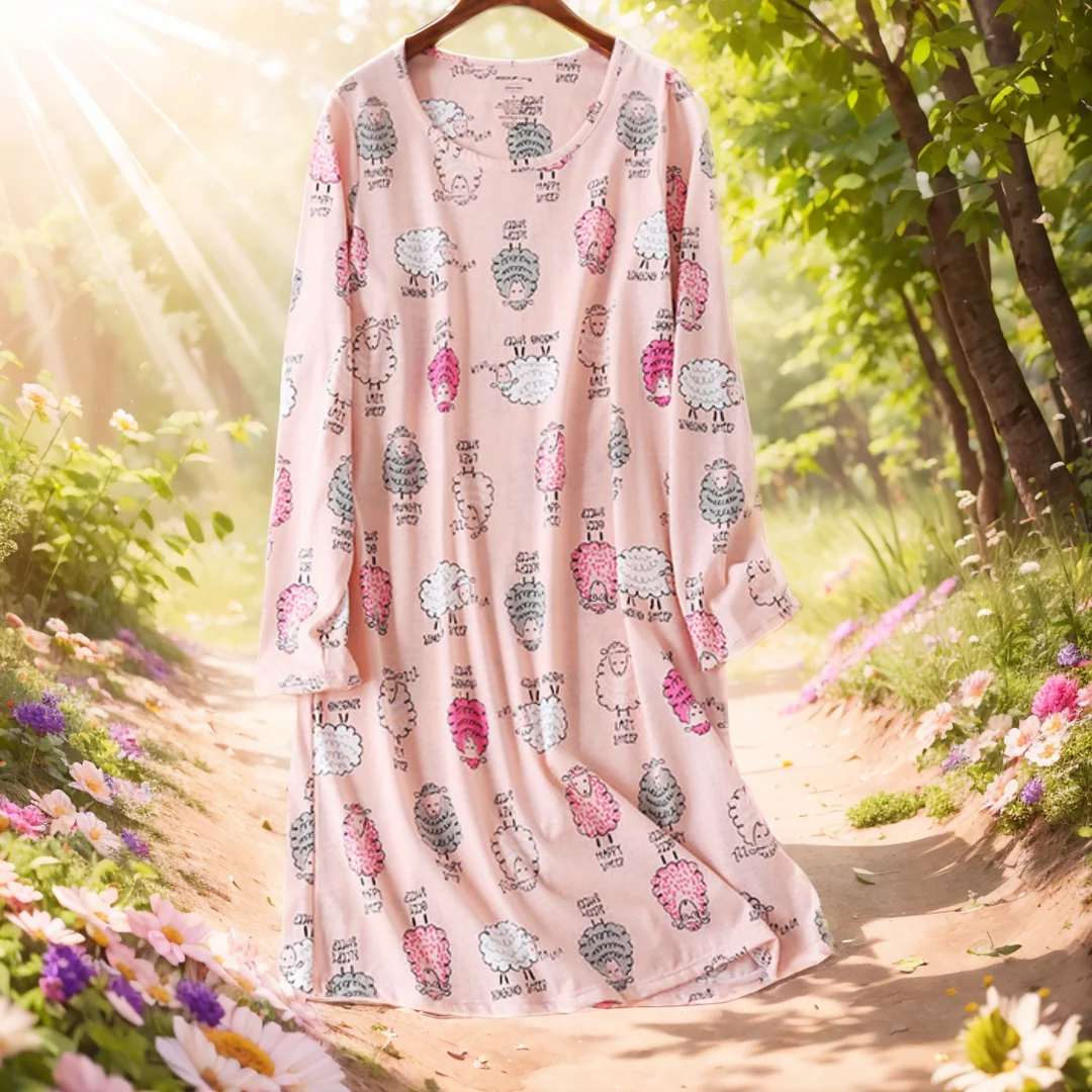 

Autumn NEW Sleepwear Women - 100% Cotton Homewear, Full Sleeve Round Neck Nightdress, Fashion Clothes, Vintage Big Casual PJS