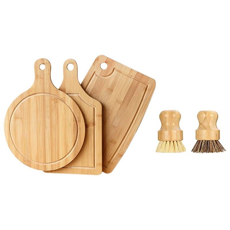 

3 Pcs Bamboo Cutting Board With Juice Groove And Large Handles & 2 Pcs Bamboo Mini Scrub Brush Pot Brushes Dish Scrubber