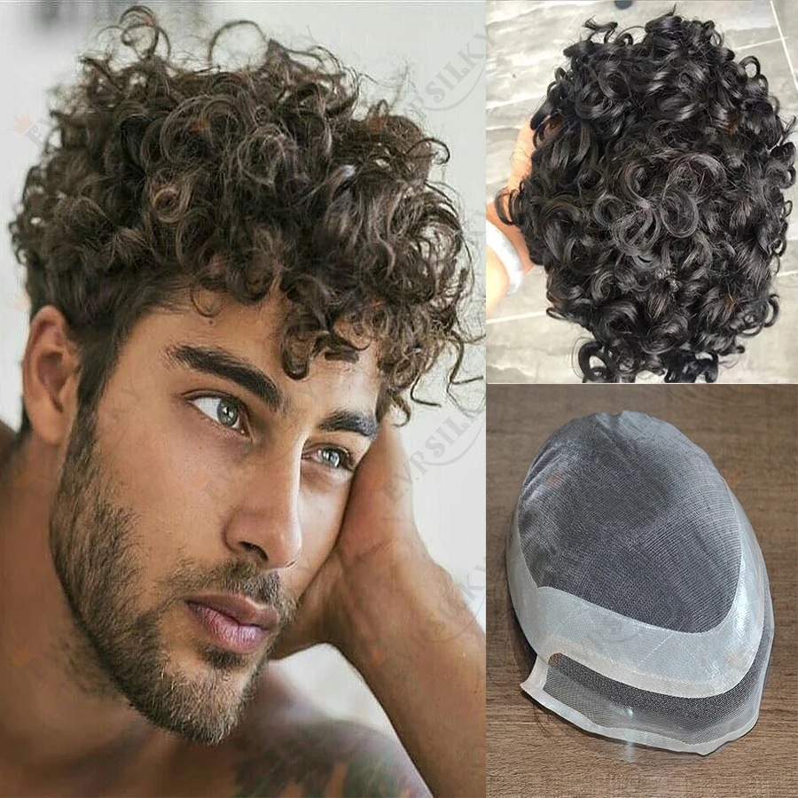 

20MM Curly Black Brown Men Toupee Durable NPU Mono Lace Front Natural Hairline Prosthesis With Black Indian Remy Human Hair Wigs