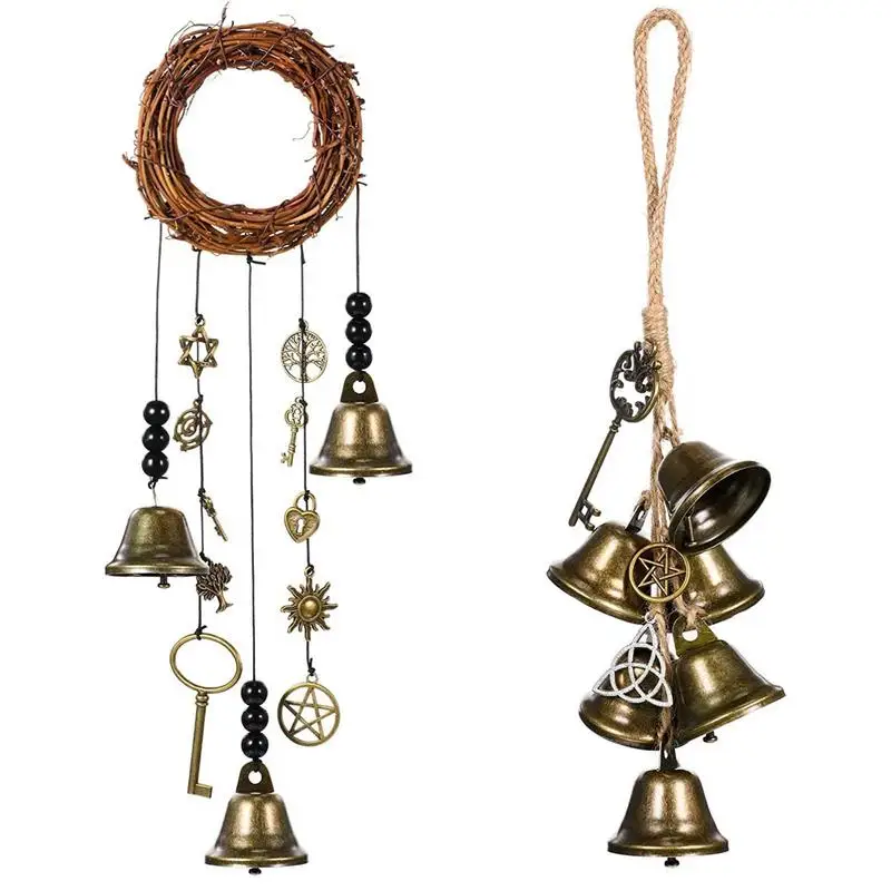 

Witch Bell Hanging Wind Chime Door Hangers Decorations with Wind Bells Rattan Wreath for Good Luck