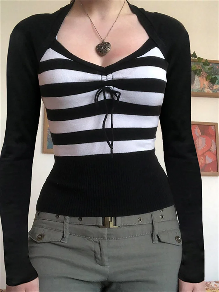 

Женские пуловеры CHRONSTYLE, топы, полосатые Лоскутные облегающие футболки с V-образным вырезом и длинным рукавом, одежда на весну и осень 2022