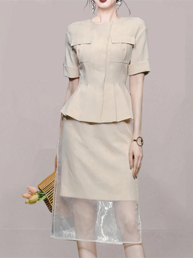 

Office Lady Two Piece Set Summer Short Sleeve Tops Jacket + High Waist Mesh Midi Skirt Suits Vintage Women 2 Piece Outfits