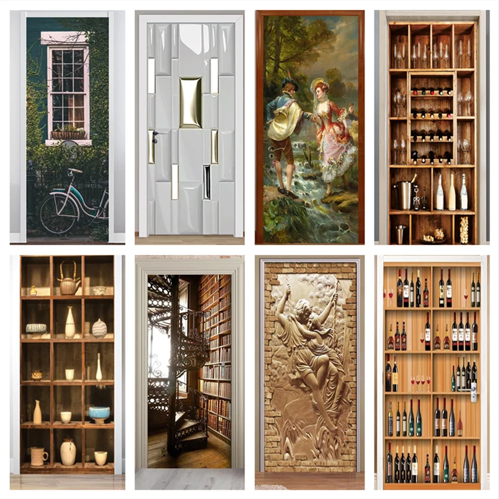 

Nordic Door Stickers Retro Wooden Frame Oil Painting Wine Geometry Stair Renovation PVC Wallpaper Sticker Home Decor Poster