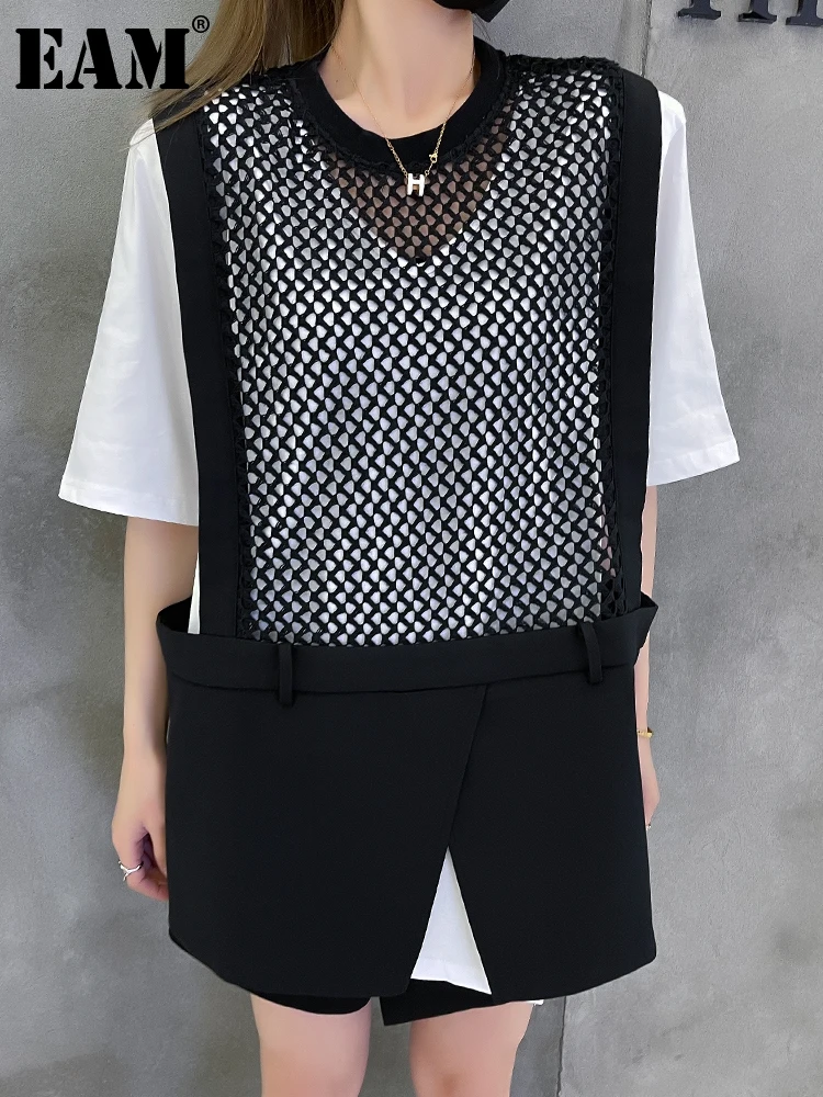 

[EAM] Women Loose Fit Black Mesh Hollow Out Casual Vest New Round Neck Sleeveless Fashion Tide Spring Autumn 2022 1DE7220