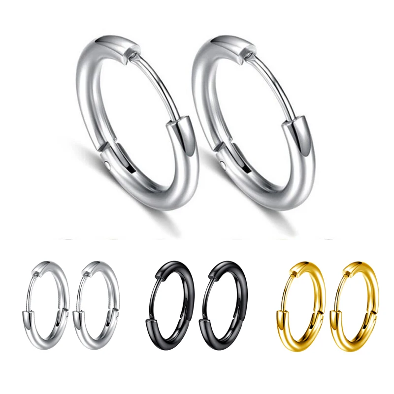 1 Pair 8/10/12/14/16mm Stainless Steel Small Hoop Earrings for Women/Men Round Circle Earring Piercing Anti-allergic Ear Buckle