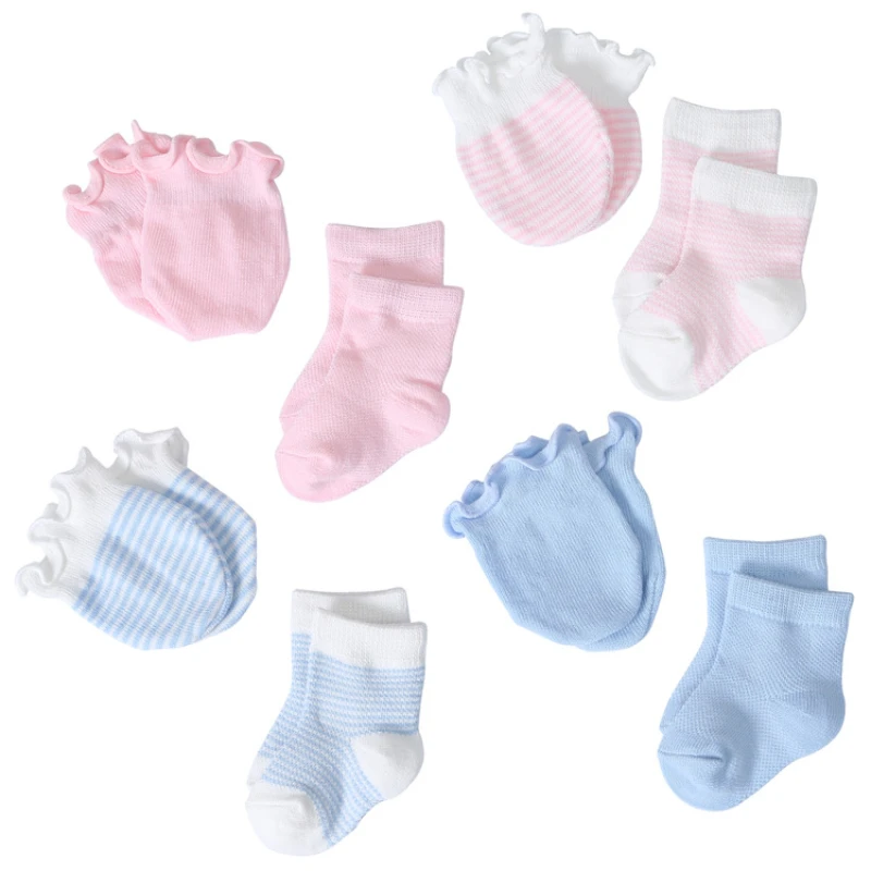 

2023 Baby Newborn Socks+Gloves Set Candy Princess Stripe Cotton Infant Boys Girl Face Protection Scratch Mittens Sock 4Pairs/bag