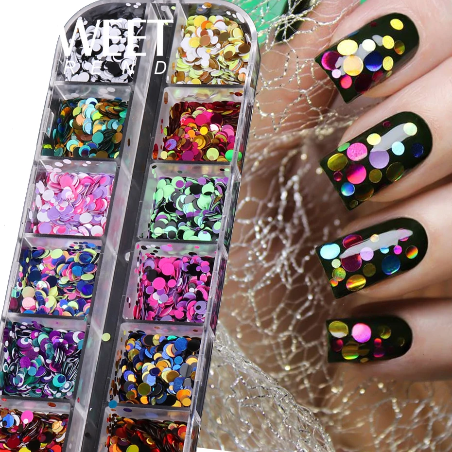 

12 Сетка Блестящая пудра для ногтей смешанный цвет 3D круглые хлопья блестки голографические блестящие DIY Маникюр Аксессуары для украшения ногтей