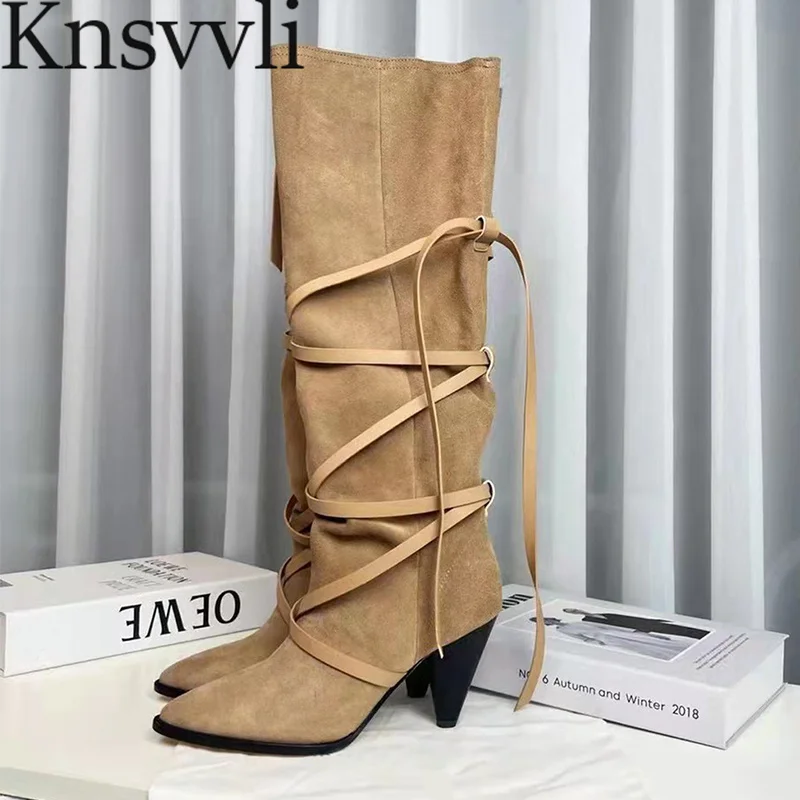 

Spike Heel Knee High Boots Women Cross Tied Cow Suede Long Boots Woman High Heels Western Cowboy Boots Brand Shoes Women