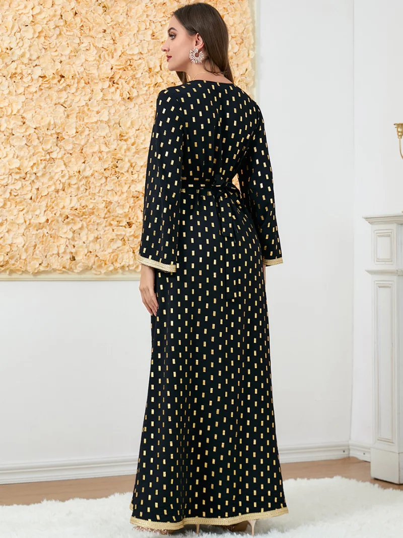 Dresses For Women 2022 Tape Trim V-Neck Button Long Sleeve Maxi Dress Turkey Dubai Arabic Oman Moroccan Caftan Muslim Clothes
