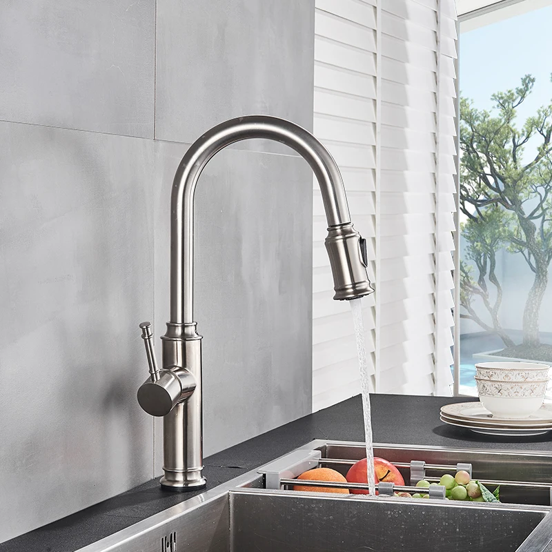 

Brushed Nickel Kitchen Faucet US Hot Sales Pull Out Dual Model Spout Kitchen Tap 360 Rotation Hot Cold Water Mixer Tap