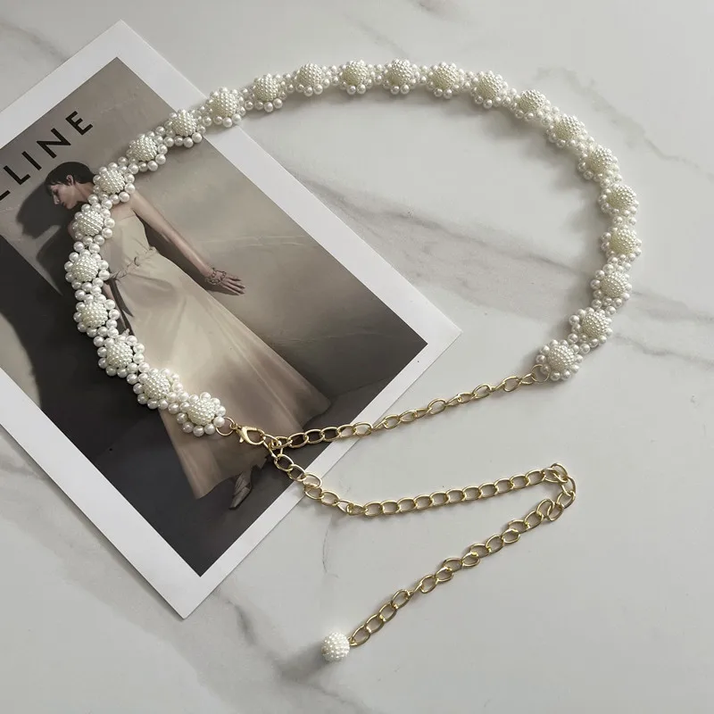 

Elegant Pearl Women's Belt Simple Adjustable Metal Thin Chain Belt for Ladies Dress Skinny Waistband Decorative Jewelry