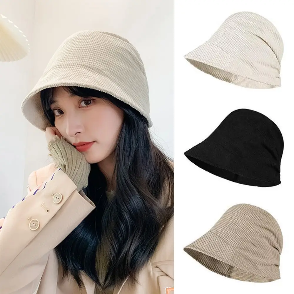 

New Unisex Pure Color Women Corduroy Bucket Hats Suede Panama Hat Fisherman Hat Sunbonnet Fedoras