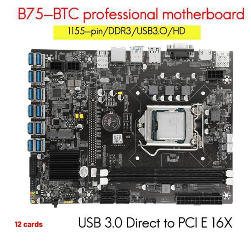 B75 12USB BTC Mining Motherboard+CPU+Thermal Grease+Switch Line+SATA Line+RJ45 Network Line 12XPCIE LGA1155 DDR3 SATA3.0 enlarge