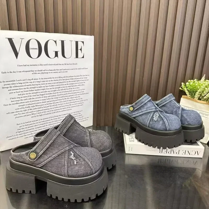 Летние женские тапочки джинсовые сандалии с круглым носком уличная повседневная