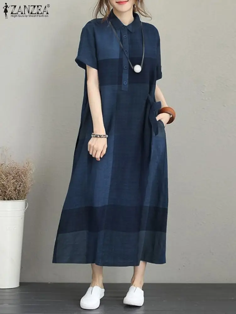

Women Vintage Lapel Neck Short Sleeve Shirt Dress 2022 ZANZEA Summer Loose Party Long Vestidos Plaid Checked Sundress Robe Femme