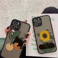 black cat and plants leaves phone case matte transparent for iphone 7 8 11 12 13 plus mini x xs xr pro max cover