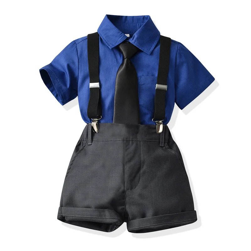 

top and top Summer Kids Boys Gentleman Clothing Sets Short Sleeve Shirt Tops with Bowtie+Suspenders Shorts Children Formal Suits
