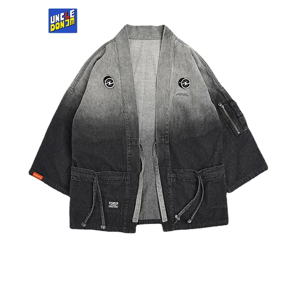 

Джинсовая куртка UNCLEDONJM, мужское кимоно из потертого денима, мужские куртки в стиле Харадзюку, Мужская одежда, модная куртка в японском стиле...