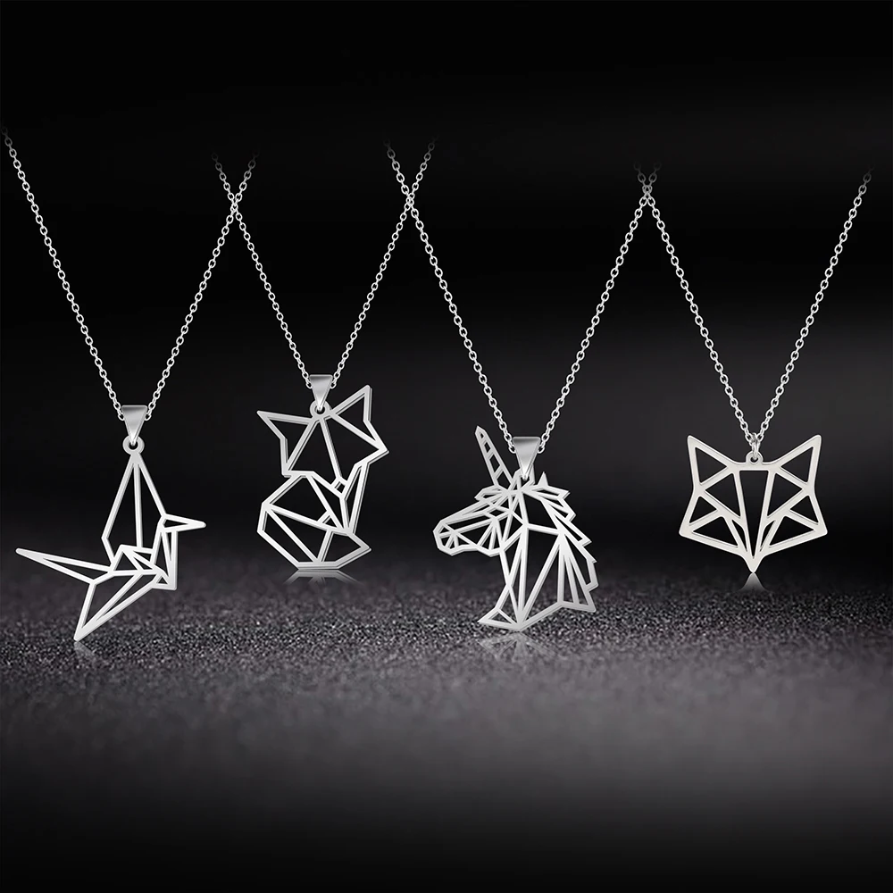 Skyrim Origami Unicorn Fox Crane Pendant Necklace Women Girls Stainless Steel Animal Choker Neck Chain Necklaces Jewelry Gift