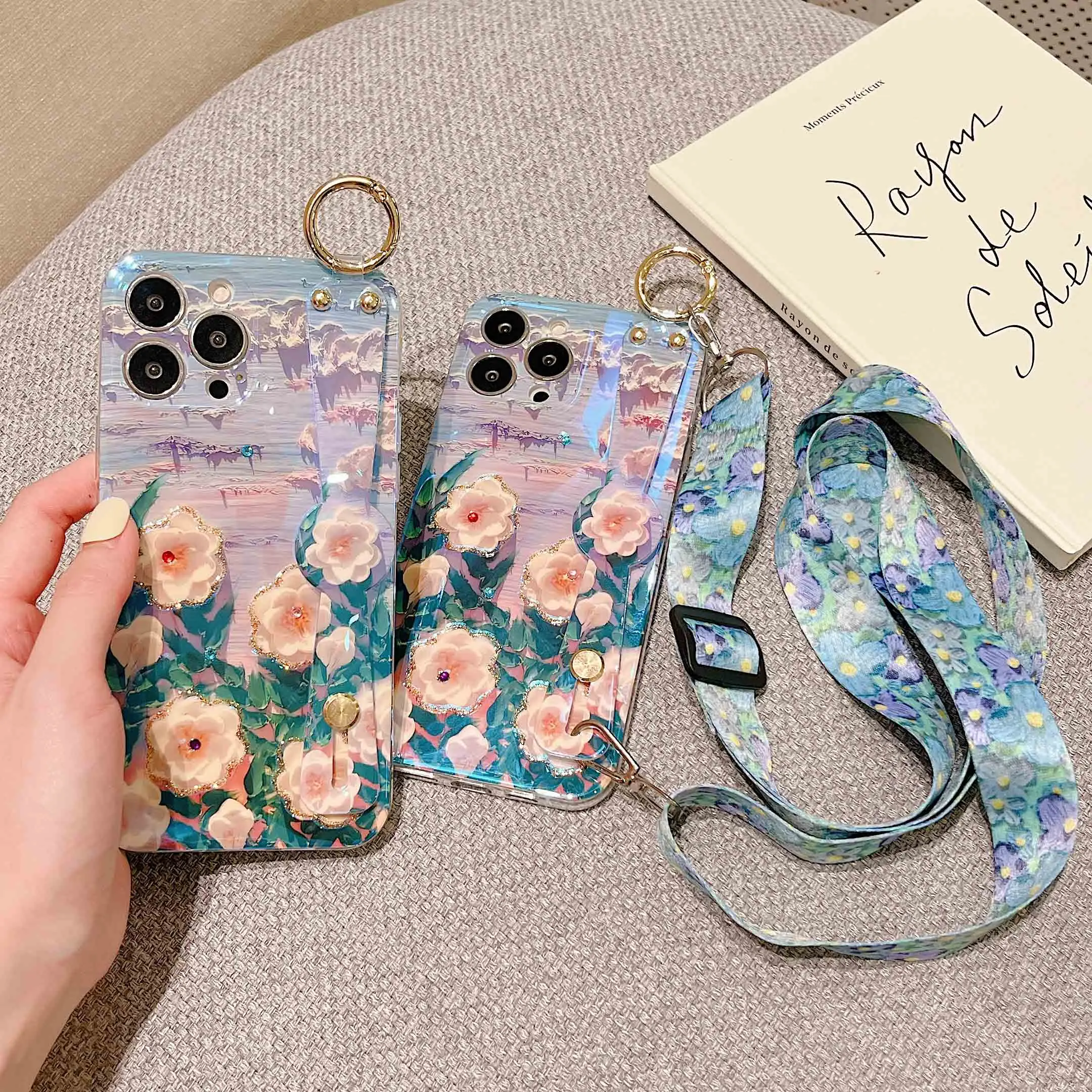 

Lanyard Blu-ray Flowers Case For Samsung Galaxy S23 Ultra Plus S23Ultra S23Plus Hands Rope Holder Phone Cover SamsungS23Ultra