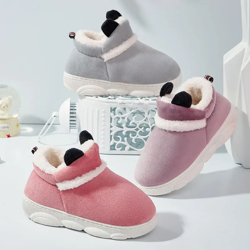 Winter Parent-child Home Slippers Warm Plush High Top Children Cotton Slippers Soft Sole Comfortable Baby Indoor Shoes Kids Boot
