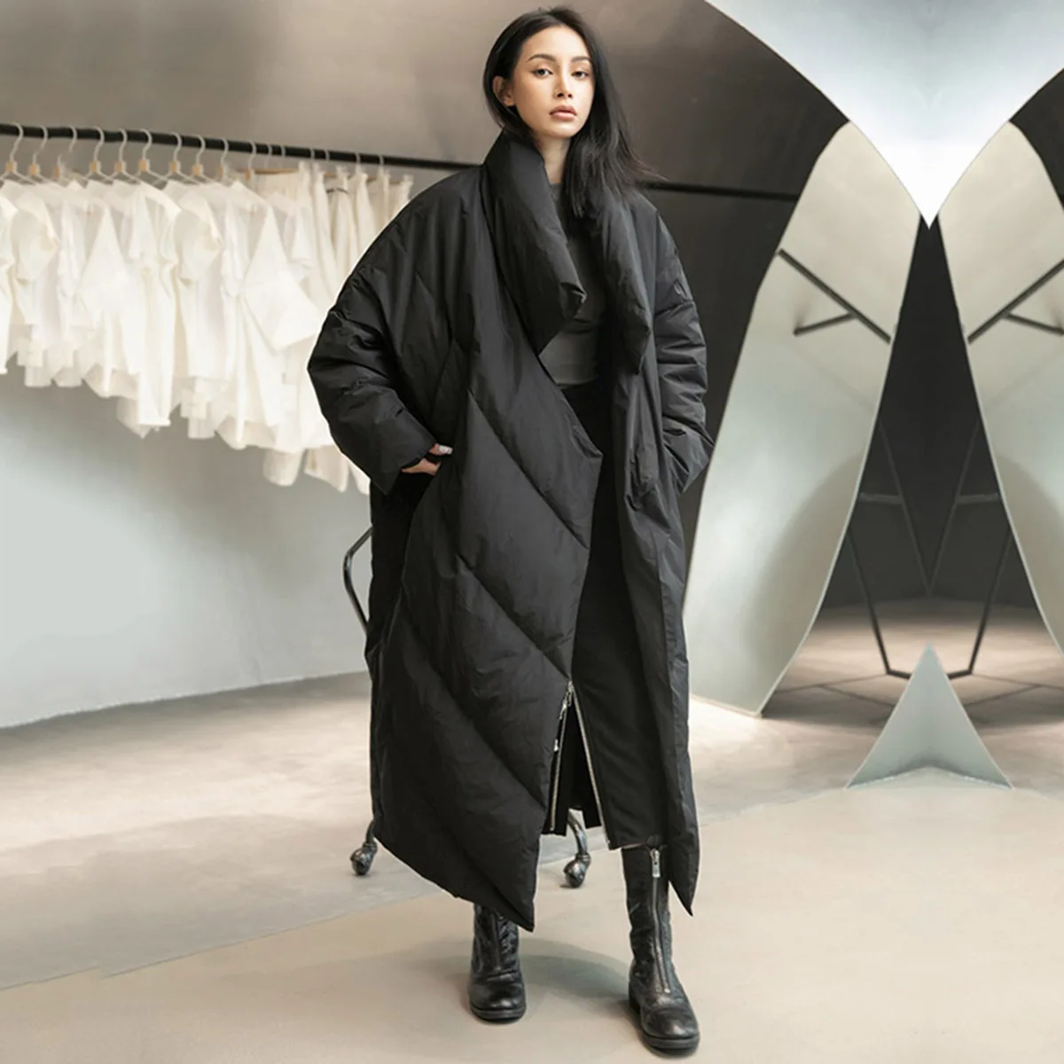 Yeezzi Winter Fashion Casual Female Coats Black Thicken Solid Color Warm Irregularity White Duck Down Coat for Women 2022 New