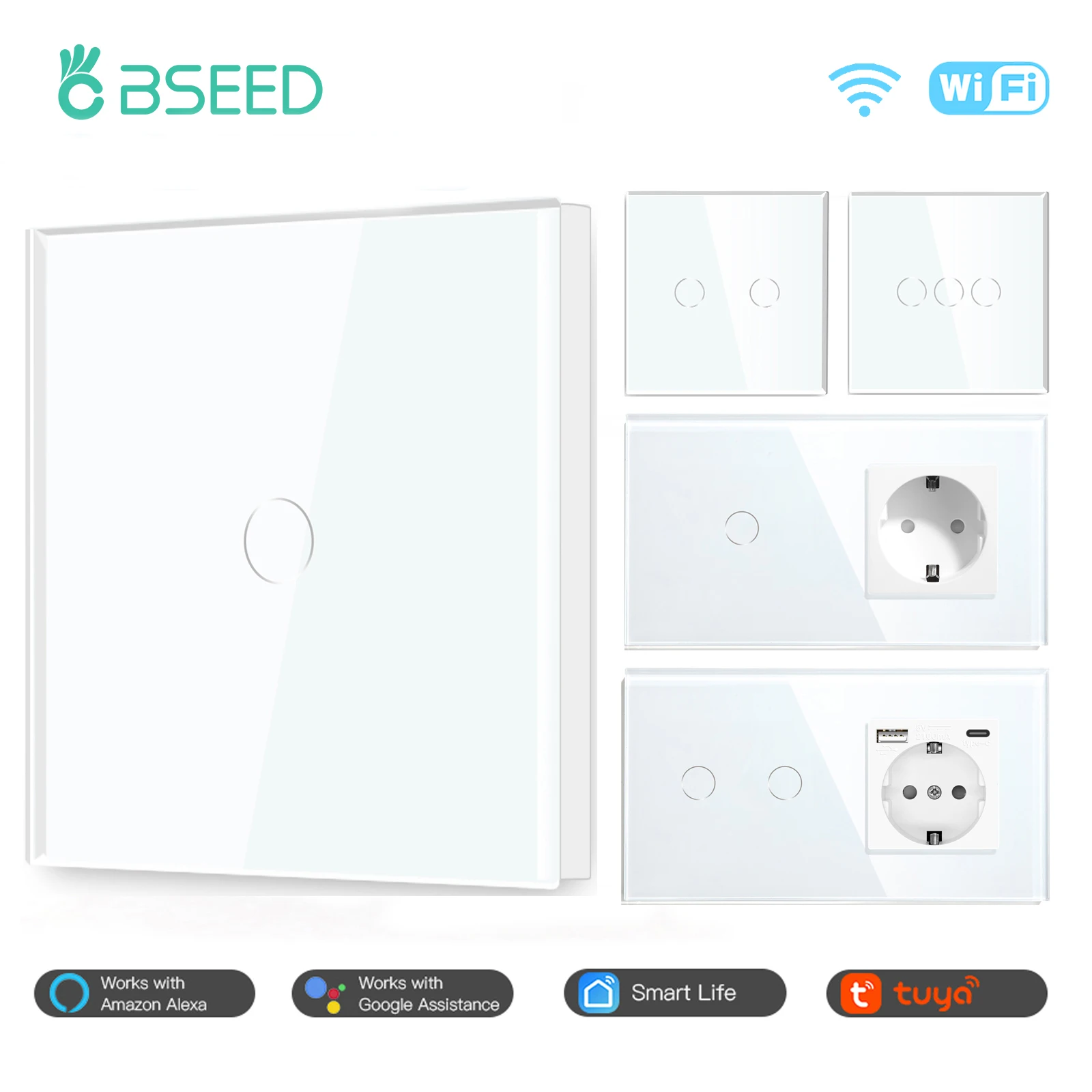 Настенный выключатель BSEED, европейский стандарт, Wi-Fi, 1/2/3 клавиши, 1/2/3 канала, умная сенсорная розетка с управлением через Google Alexa Tuya