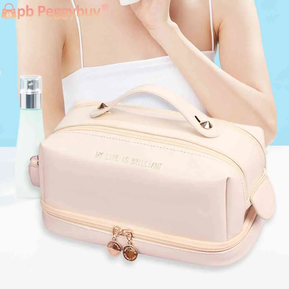 

PU Leather Cosmetic Bag Double Zipper Makeup Case Pouch Soft Large Capacity Fashion Portable Simple Casual for Camping Hiking