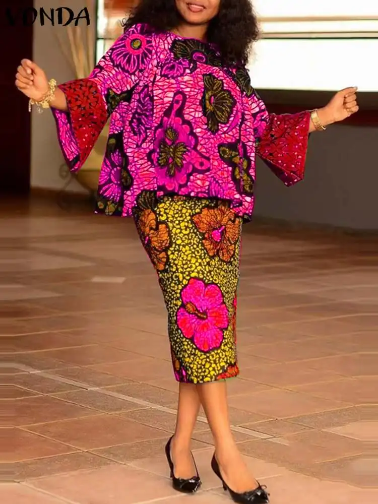 Осенний богемный Женский костюм с длинным Расклешенным рукавом и цветочным