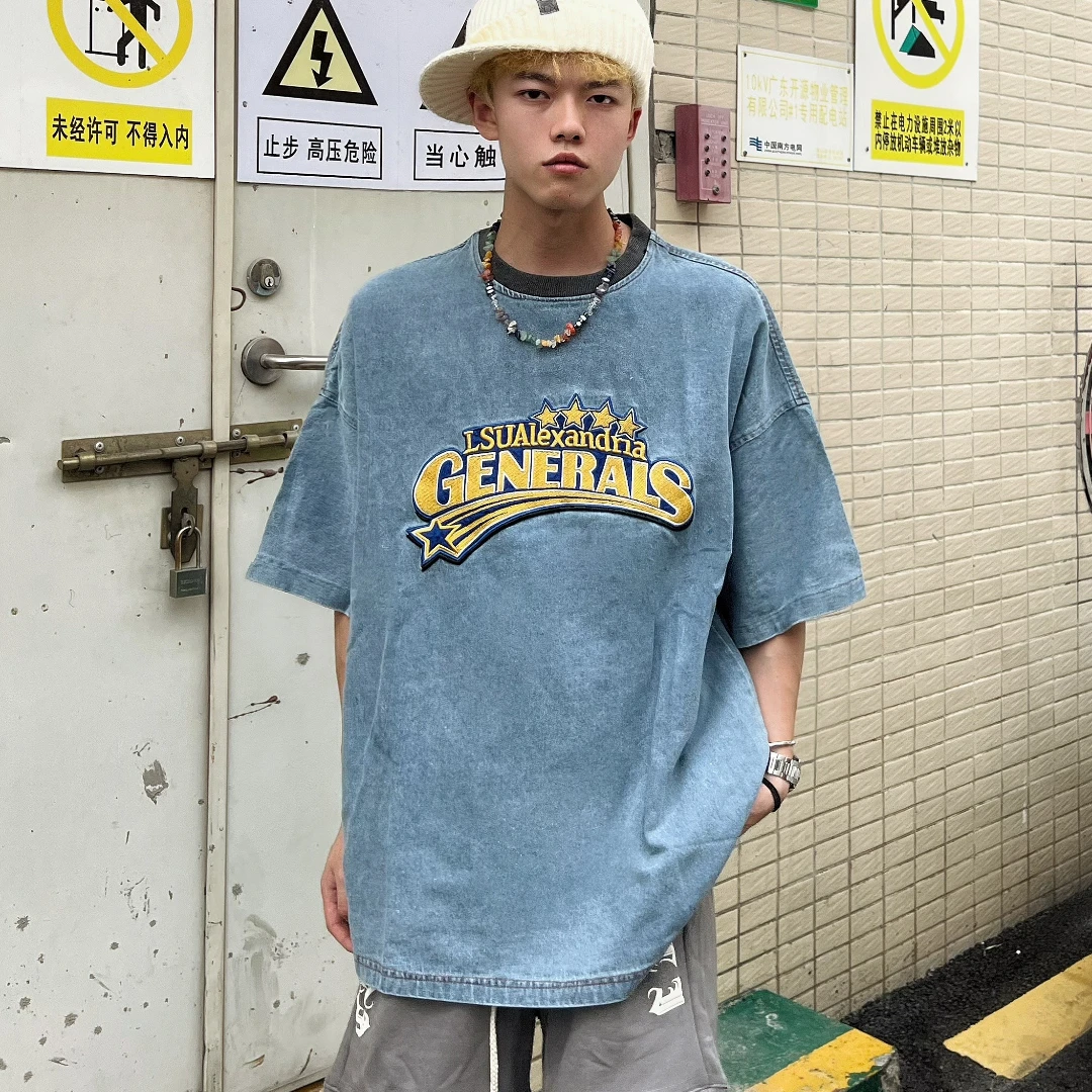

Футболка оверсайз в стиле хип-хоп для мужчин и женщин, джинсовая винтажная блузка с коротким рукавом в американском стиле, летняя уличная одежда в стиле Харадзюку, женская одежда