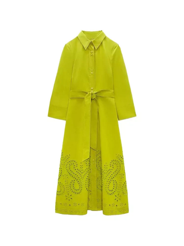 

2022 Women Spring Chic Fashion With belt Embroidery shirt style Dress Vintage Long Sleeve Female Dresses Vestidos Mujer