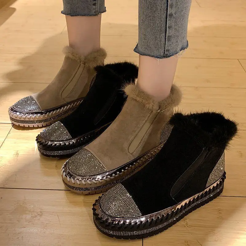 

Women's 2022 New Autumn and Winter Platform Muffin Martens Cotton Mink Fur Rhinestone Snow Boots