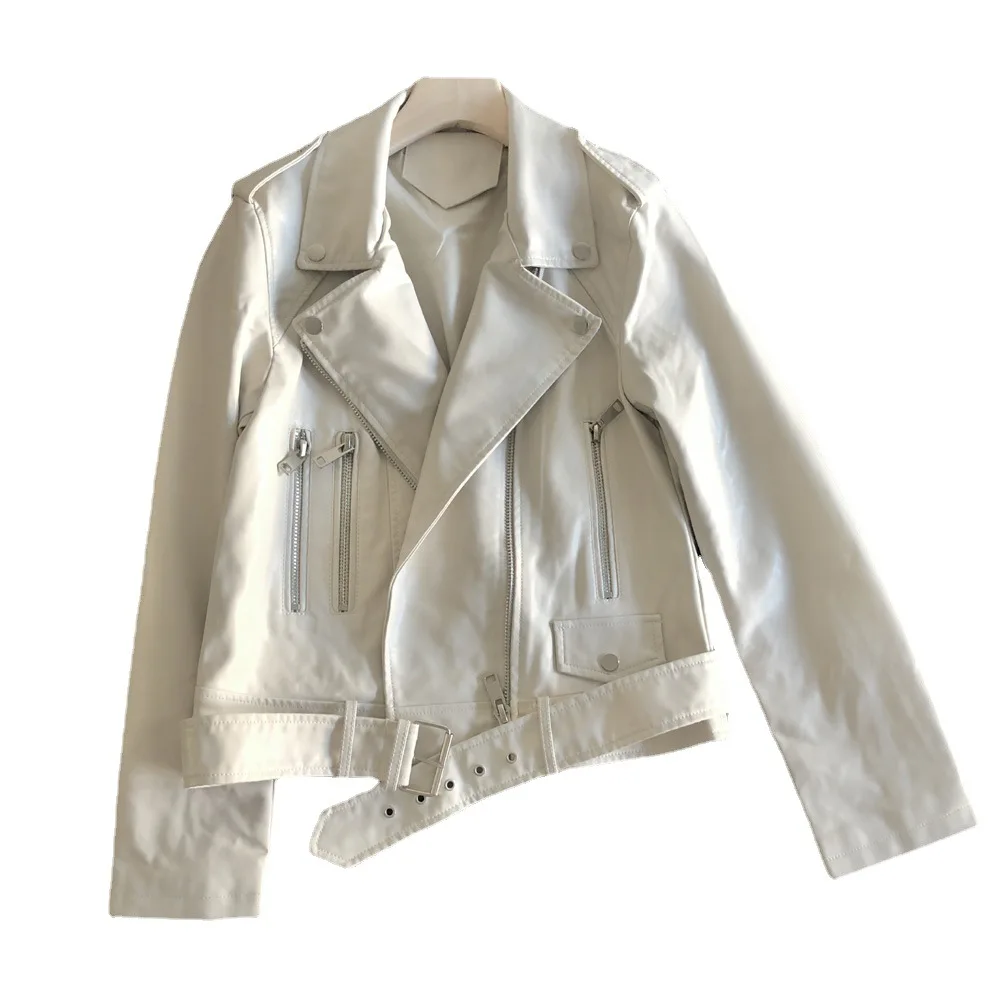 Cross-border 2023 autumn clothes new heavy industry zipper suit collar leather belt motorcycle clothes leather jacket short coat