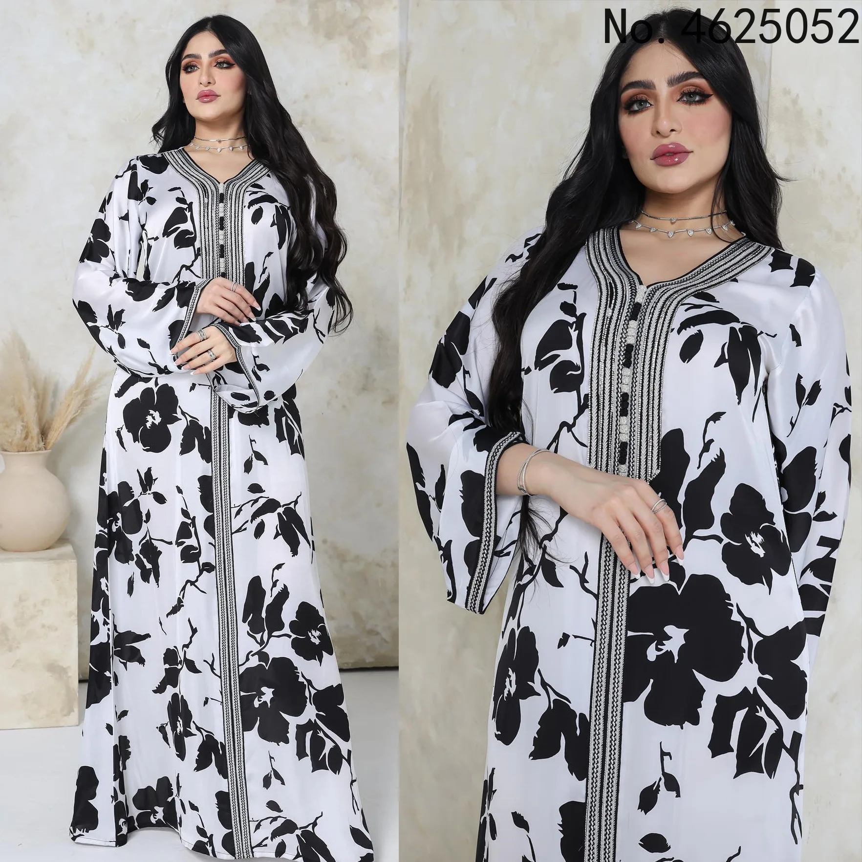 

Muslim Dress Women Summer Fashion Muslim Women V-neck Long Sleeve Printing Polyester Long Abaya Muslim Abaya