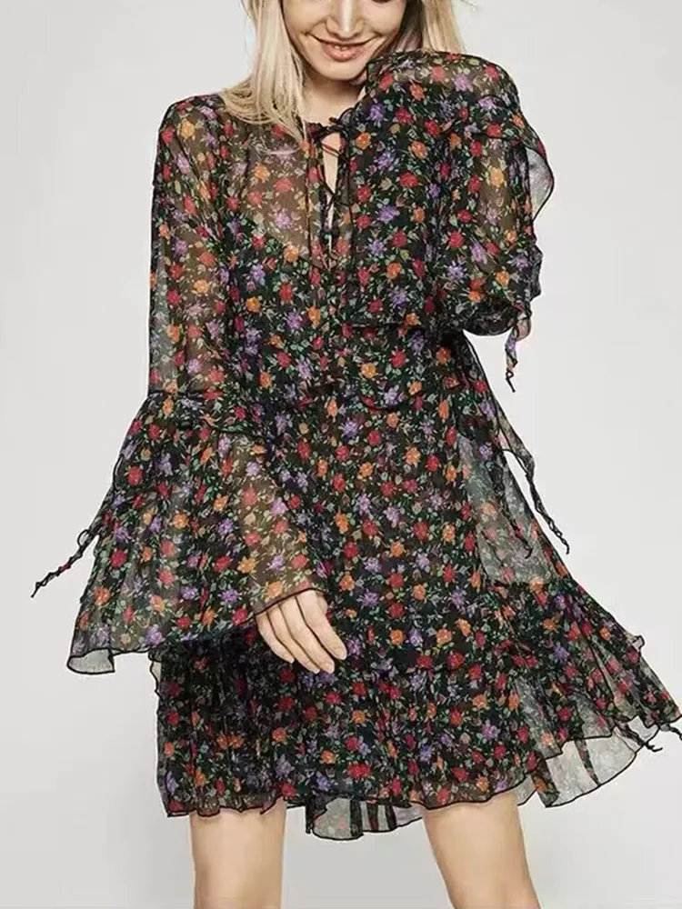 Floral Print Mini Dress Women Lace-up V-neck Long Flared Sleeve Loose Female Robe with Buttons 2023 Spring Summer