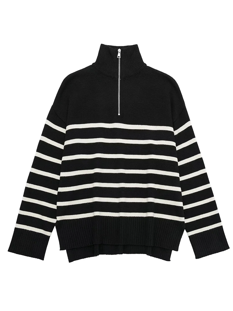

YENKYE 2022 Autumn Winter Women Zipper High Collar Striped Knit Sweater Long Sleeve Loose Pullovers Ladies Jumper Tops